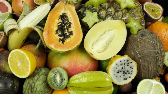 Rotating Sweet Exotic And Tropical Fruits.