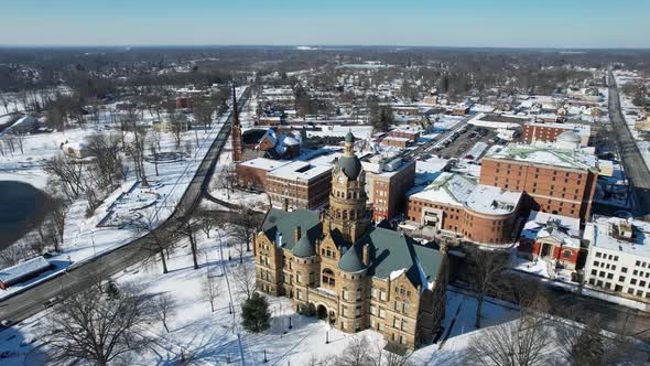 Aerial view of Courthouse with vintage architecture in the winter alt