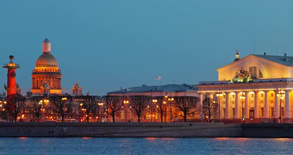 Russia SaintPetersburg in Dusk Landmarks of City in Night Illumination Rostral Columns Palace Bridge alt