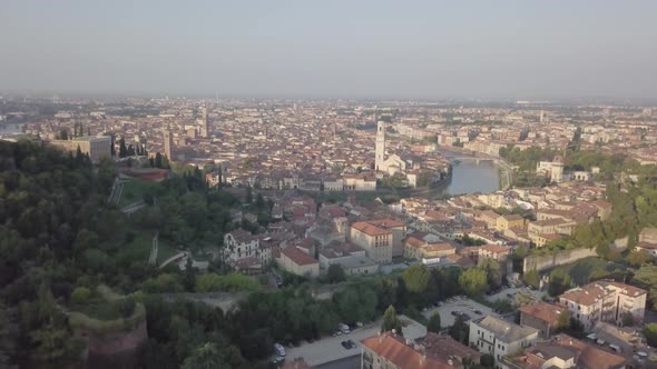 Aerial view of Florence historical cultural city churches cathedrals basilicas bridge on River Arno