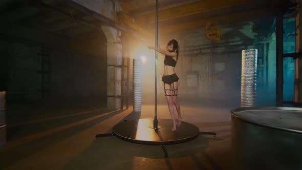 Long Legged Sexy Dancer Climbs Up The Pylon And Performs An Acrobatic Stunt. Blue And Yellow Light alt