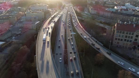 Aerial View of Elevated Highway Traffic at Sunset