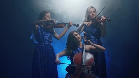 String Trio, Women Playing on Violins and Cello at Concert