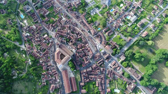Village of Saint-Cyprien in Perigord in France seen from the sky alt