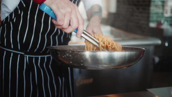 Chef Cooking Bolognese Fresh Pasta with Tomato Sause Man Making Traditional Italian Dinner on alt