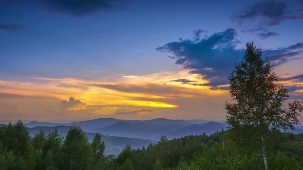 Multicolor Sunset Sky in Forested Mountains