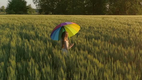 Girl with Multicolored Umbrella Walking in Field alt