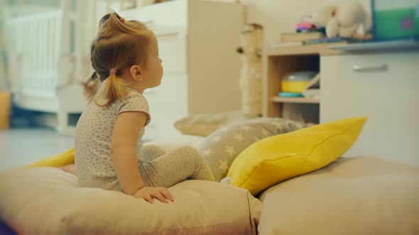 Little Girl Watching Cartoon. Kids Leisure And Entertainment. Infant Baby Watching Television. alt