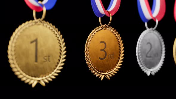 Endless animation of a line of silver, gold, bronze sports medals. Set of awards alt