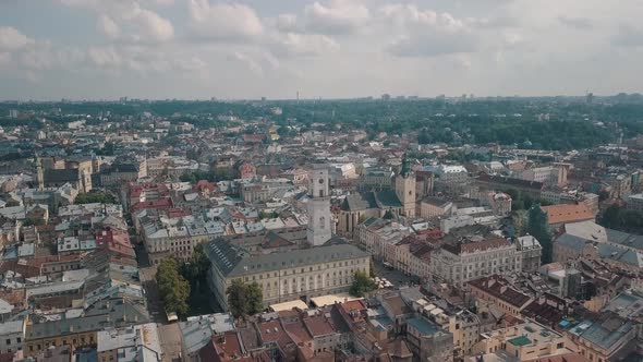 Aerial Drone Footage of European City Lviv, Ukraine, Flight Above Popular Ancient Part of Old Town alt