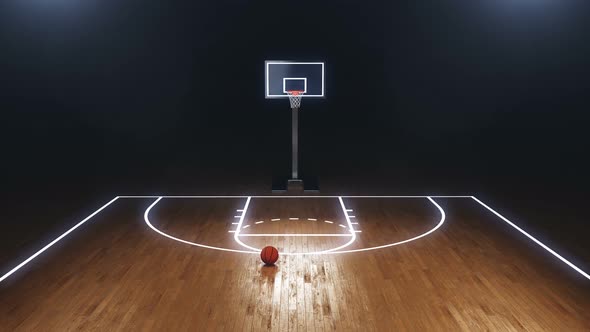 Basketball Field with Basketball Board and Ball on the Floor