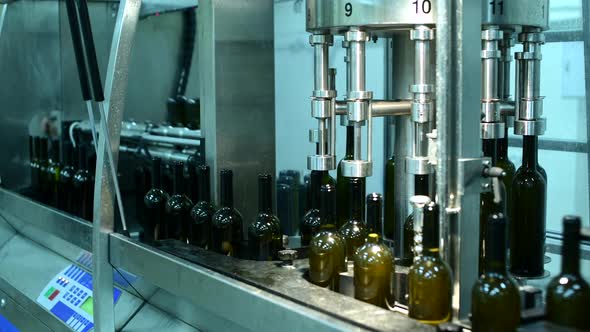 Conveyor with Wine Bottles at Wine Factory White Wine Production Bottle Washing and Filling alt