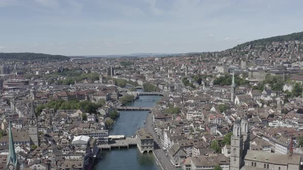 4k ungraded drone Aerial view of Zurich  city waterfront in Switzerland