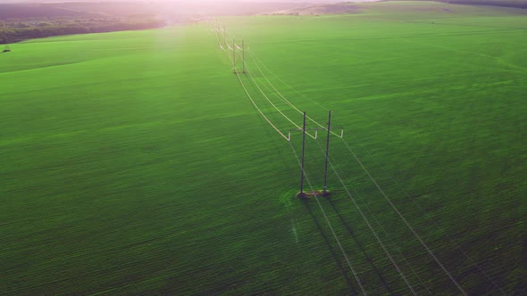 High voltage power line on industrial electricity line tower alt