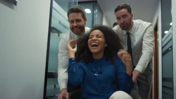 Multiracial Coworkers Team Celebrate Business Deal Race Office Chair in Company alt