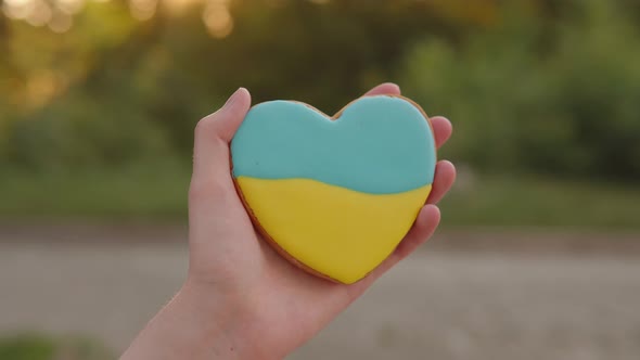 Gingerbread in the Shape of a Heart with the Flag of Ukraine in a Woman's Hand Against the Evening