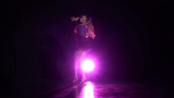 Girl Dancing Elements of Cha-cha-cha Dance in the Studio. Slow Motion alt