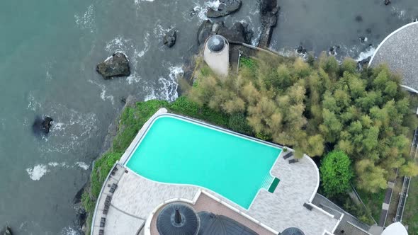 Tsikhisdziri, Georgia - May 8 2022: Aerial view of Castello Mare Hotel alt