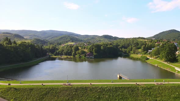 Aerial view of a water reservoir in Nova Bana, Slovakia alt