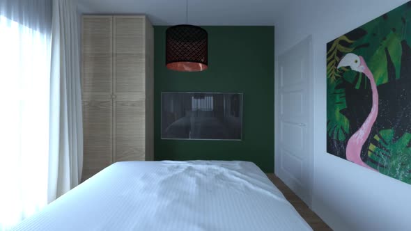the Interior of a Small Bedroom in the Early Morning with Natural Light in a Minimalist Style the