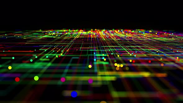 Sci-fi Bg of Glow Multicolor Particles Form Lines Like Electrical Circuit or Microcircuit alt