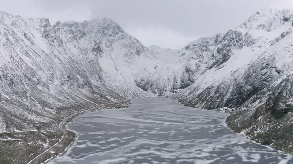 Aerial view of Glacier. Ice lake in Lofoten islands, Nordland county, Norway, Europe. White snowy