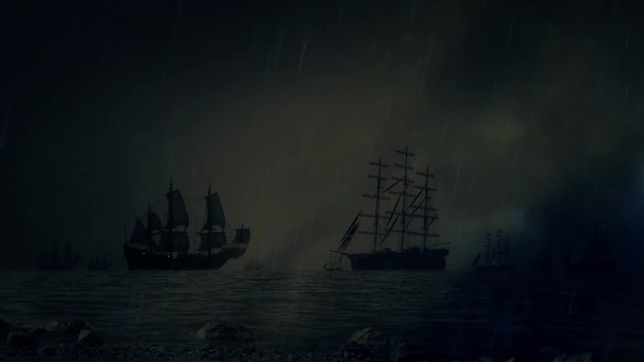Sea Battle Between Two Fleet Under A Lightning Storm And Rain alt