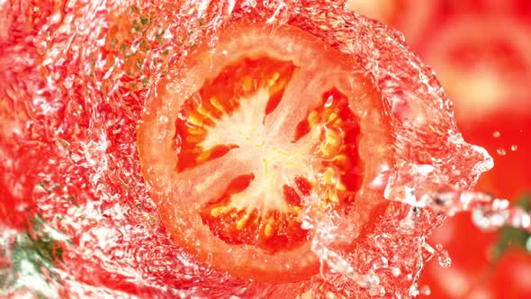 Super Slow Motion Shot of Splashing Water on Rotating Tomato Slice at 1000Fps alt