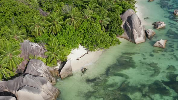 Aerial view of beach Anse Source d'Argent, La Digue Island, Seychelles ...