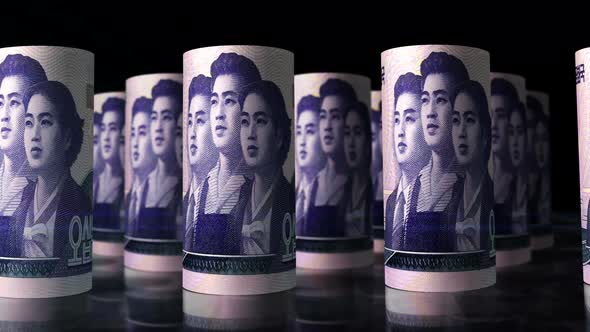 North Korea Won money banknotes rolls seamless loop alt