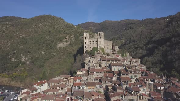 Dolceacqua castle old medieval town in Liguria aerial view alt