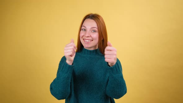 Young Red Hair Woman Posing Isolated on Yellow Color Background Studio alt