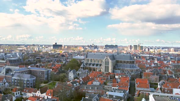 Aerial shot of the historical city centre of Leiden, the Netherlands, with the Pieterskerk, Rapenbur alt