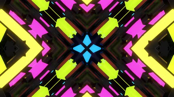 Dark Looped Bg with Abstract Symmetrical Pattern of Geometric 3d Stuff and Neon Light alt