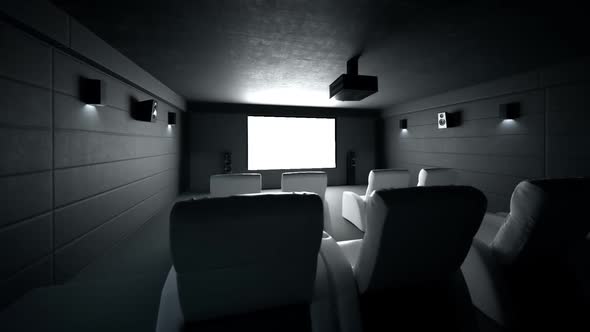 Interior of a luxurious home theater room during seans. Personal cinema. 4KHD