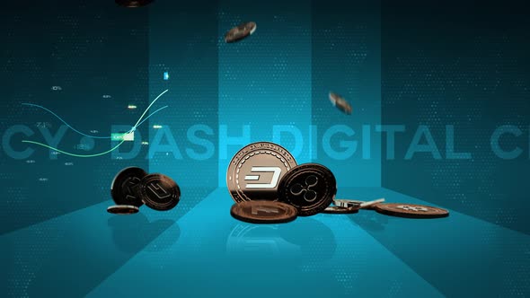 15 - 6 DASH Cryptocurrency Background with Coins, Bars and Text 4K