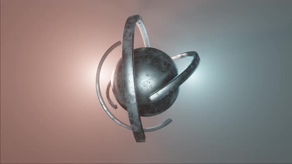 Sci-fi object with glowing energy at center. Rotation metal sphere
