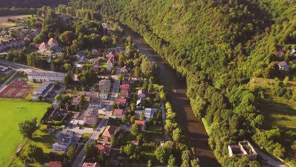Drone View of Town with River