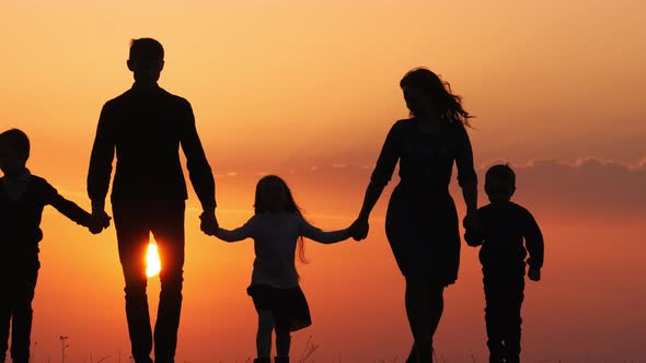 Silhouettes of Happy Family Walking Together in the Meadow During ...