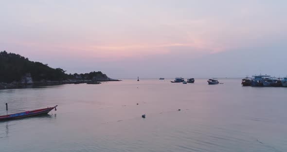 Thailand's Sunset Ocean Shore Aerial View Boats Motorboats Ships Yachts at Gulf of Siam Waters