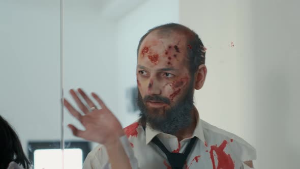 Braindead Evil Monsters with Deep Scars Trying to Enter Inside Office Workspace alt