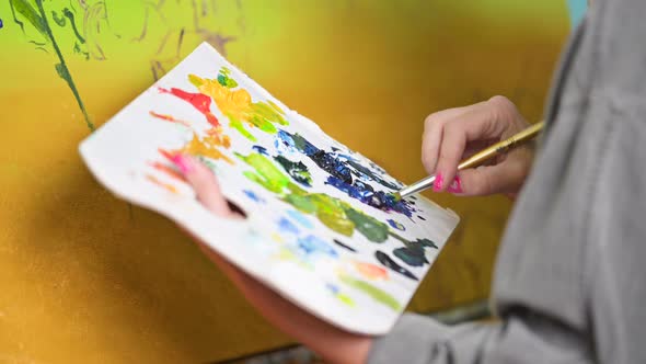 Female Artist Mixes Paints on the Palette Painter at the Studio Creator Makes Piece of Art alt