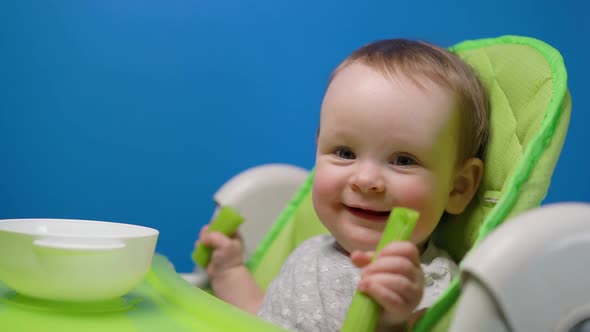 Funny Baby Eating Green Fresh Celery and Looking at Camera