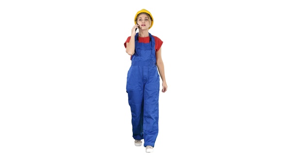 Female Construction Woman Making a Call on White Background alt