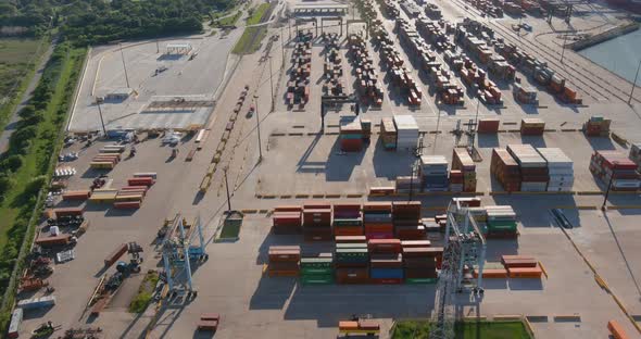 Aerial establishing shot of large shipping port in La Porte, Texas alt