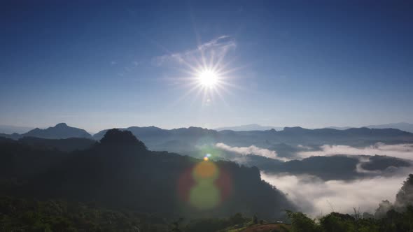 Beautiful landscape sunbeam with fog at morning, Baan jabo viewpoint.