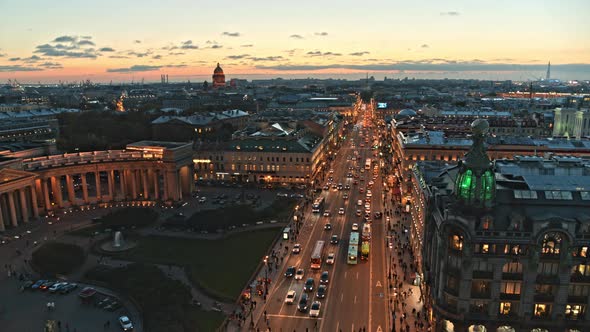 Drone view of St.Petersburg city. Nevsky prospect and Kazan Cathedral