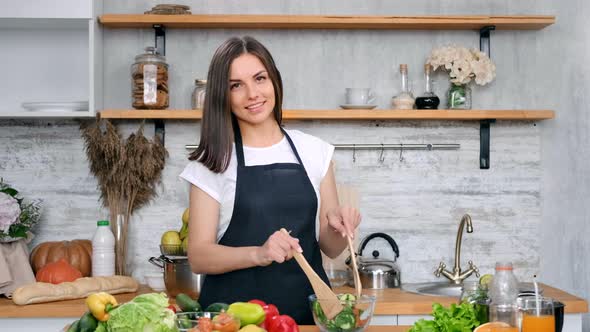 Charming Caucasian Lady Wearing Chief Clothes Preparation Vitamin Dish Using Organic Ingredient alt