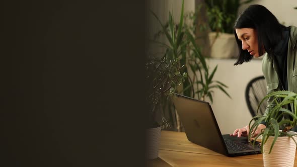 Woman florist with potted plant works on a laptop in flower plant shop alt