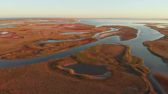 Aerial Drone View to Unusual Islands on Lake Sivash Ukraine alt